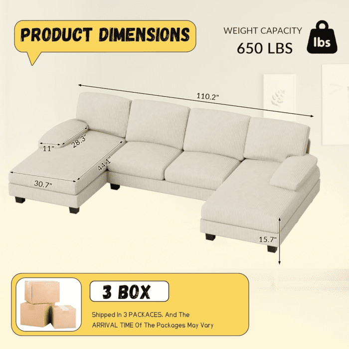 Sectional Couches for Living Room, U Shaped Couch with Chenille Fabric, 4 Seat Modern Sofa with Removable Pillows for Apartment and Small Space (Corduroy, Beige) - Image 2