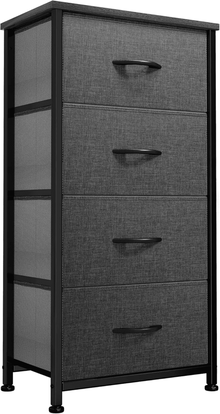 Storage Tower with 4 Drawers - Fabric Dresser, Organizer Unit for Bedroom, Living Room, Closets - Sturdy Steel Frame, Easy Pull Fabric Bins & Wooden Top