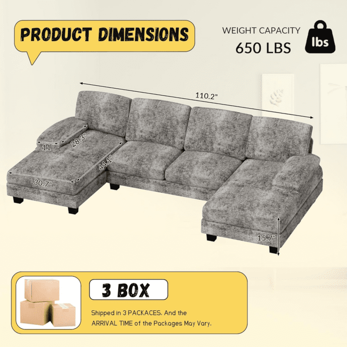 Sectional Couches for Living Room, U Shaped Couch with Chenille Fabric, 4 Seat Modern Sofa with Removable Pillows for Apartment and Small Space (Fabric, Grey) - Image 2