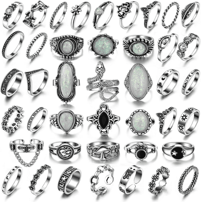 Vintage Silver Knuckle Rings Set for Women Men, Chunky Rings Aesthetic Snake Grunge Stackable Gothic Ring Adjustable Y2K Punk Bulky Boho Finger Alt of Rings, Stacking Fairy Skull Frog Heart Star Flower Midi Ring Pack