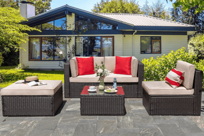 5 Piece Patio Furniture Sets, All-Weather Brown PE Wicker Outdoor Couch Sectional Set, Small Conversation Set for Garden/Patio W/Ottoman, Glass Table, Red Pillow, Beige - Image 8