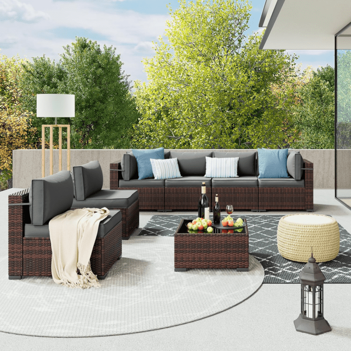 Patio Furniture Sets, 7 Pieces Outdoor Rattan Sectional Sofa Set with Glass Table and Cushions, Wicker Patio Conversation Set for Outdoor Indoor Backyard Lawn Garden Porch (Grey) - Image 2