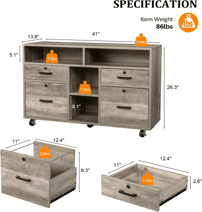 Wide 4 Drawer File Cabinet with Lock, Wood Lateral File Cabinet with Open Shelves, Lockable Rolling File Cabinets for Home Office, Rustic Grey File Cabinet Printer Stand, Letter Sized - Image 3