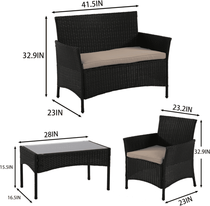 4 Pieces Patio Furniture Set Rattan outside Furniture Wicker Sofa Garden Conversation Sets with Soft Cushion and Glass Table for Yard Pool or Backyard,Black - Image 8