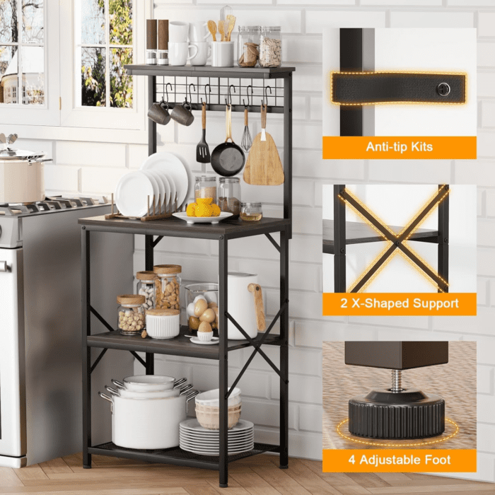 Kitchen Bakers Rack, Microwave Stand with Storage 4 Tiers, Coffee Bar Station with 6 S Hooks and Pegboard, Kitchen Shelves Rack for Spices, Pots, Black Oak - Image 5