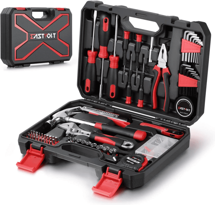 128-Piece Home Repair Tool Set, Tool Sets for Homeowners, General Household Hand Tool Set with Storage Toolbox, EVHT12801, Black + Red (ASK01)