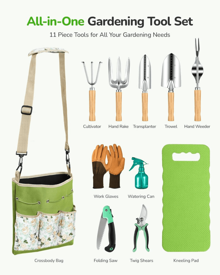 All-In-One Garden Tool Set, 11-Piece Heavy Duty Gardening Tools with Ergonomic Canvas Shoulder Crossbody Bag, Rust-Proof Premium Garden Tool Kit, Gardening Gift for Women Men - Image 2