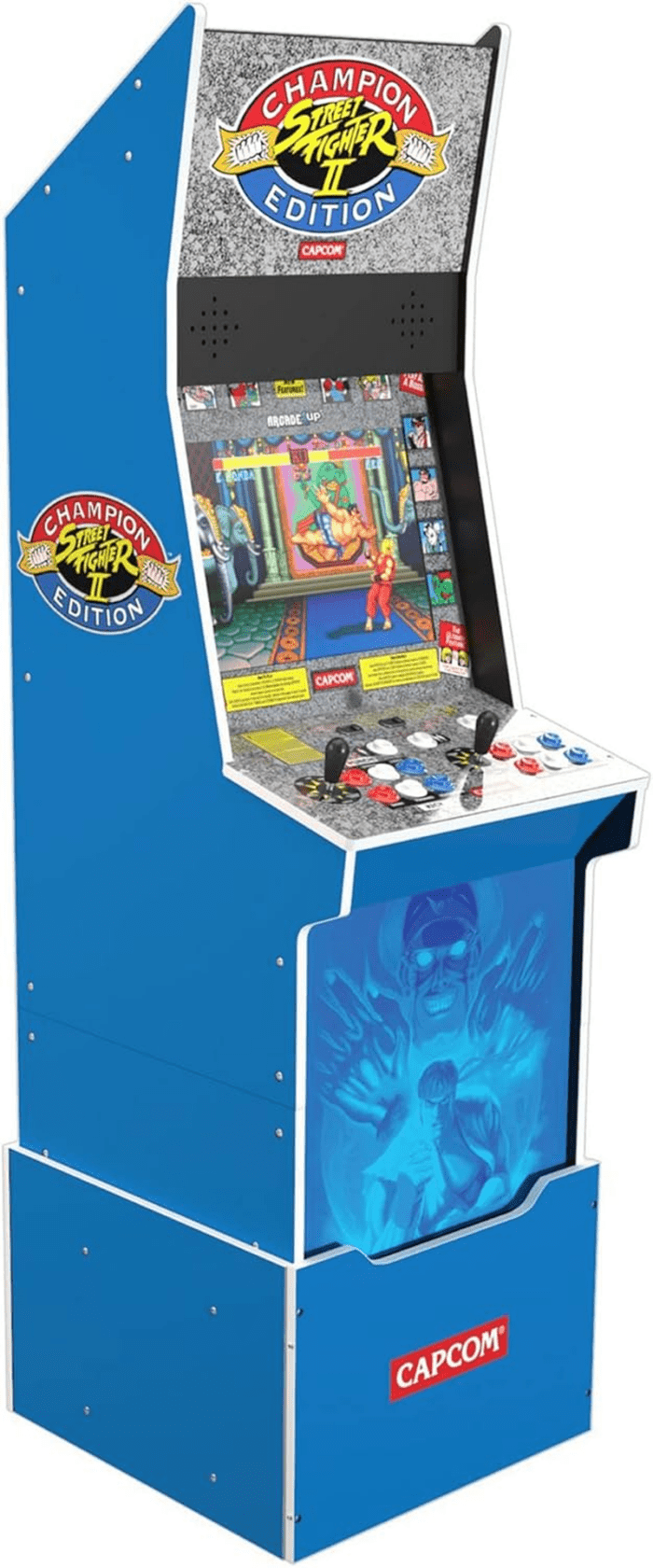 Street Fighter II Champion Edition Big Blue Cabinet Style Arcade Machine W/ 12 Games, Coinless Operation, Light-Up Marquee, Wifi, and Stool - Image 2