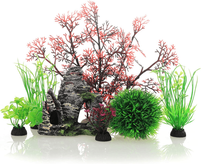 Aquarium Fish Tank Plastic Plants and Cave Rock Decorations Decor Set 7 Pieces, Small and Large Artificial Fish Tank Plants with Cave Rock (Cu89Red-7)