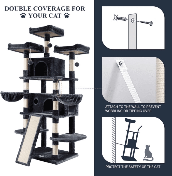 68 Inches Cat Tree House with Condo, Scratching Post, and Multi-Level Towers for Cats - Smokey Grey - Image 6