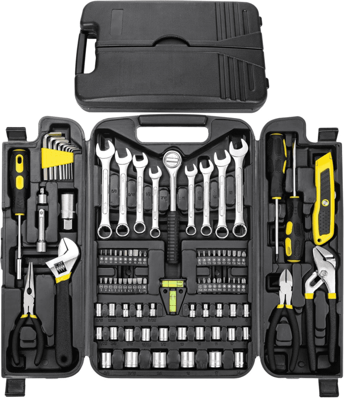 95 Piece Tool Set, Tool Kit, Mechanics Tool Set, Portable Toolbox with Adjustable Wrench Pliers Socket Bits, with Plastic Toolbox Storage Case, for House Apartment Garage (Yellow)