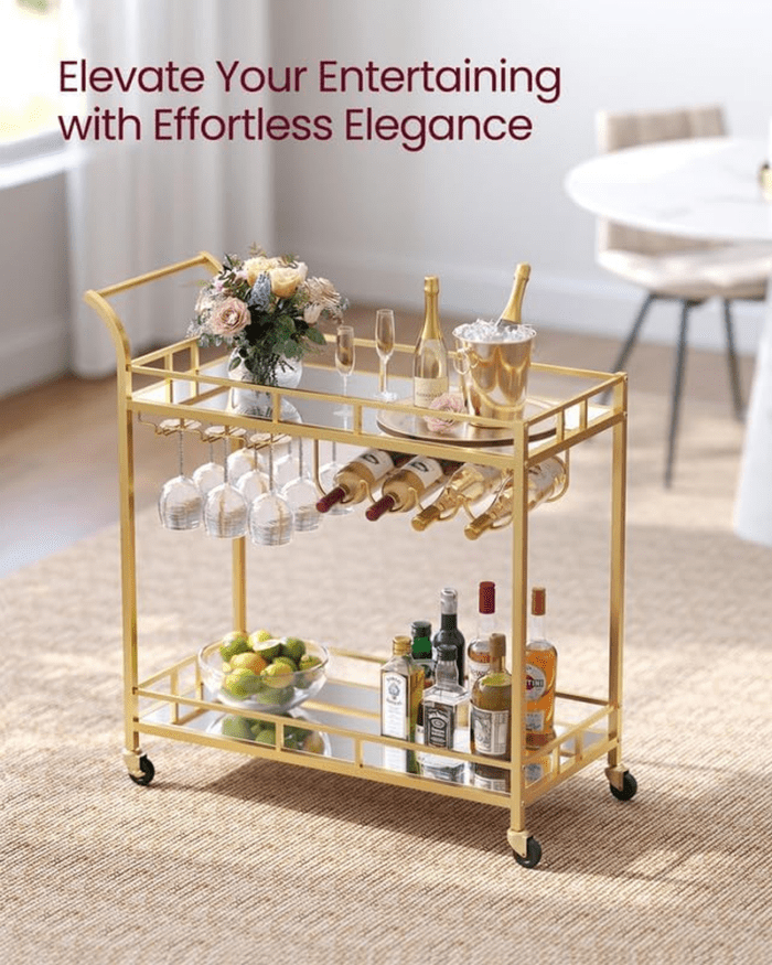 Bar Cart Gold, Home Bar Serving Cart, Wine Cart with 2 Mirrored Shelves, Wine Holders, Glass Holders, for Kitchen, Dining Room, Gold ULRC090A03 - Image 4