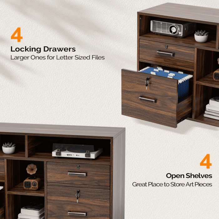 Wide 4 Drawer File Cabinet with Lock, Wood Lateral File Cabinet with Open Shelves, Lockable Rolling File Cabinets for Home Office, Dark Brown File Cabinet Printer Stand, Letter Sized - Image 5