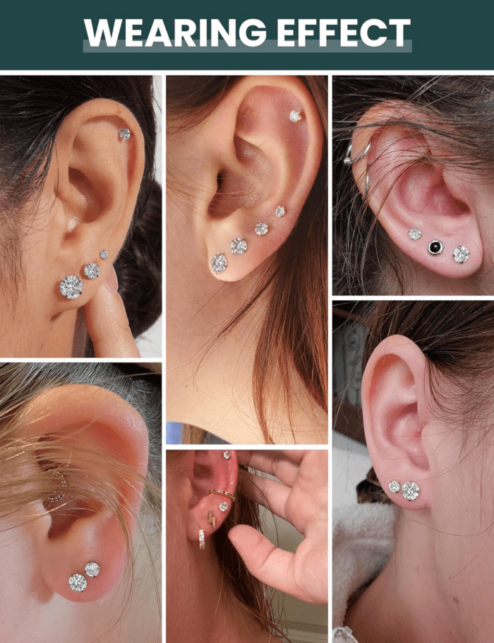 6 Pairs Stud Earrings Set, Hypoallergenic Cubic Zirconia 316L Earrings Stainless Steel CZ Earrings 3-8Mm (Steel Color) - Image 2