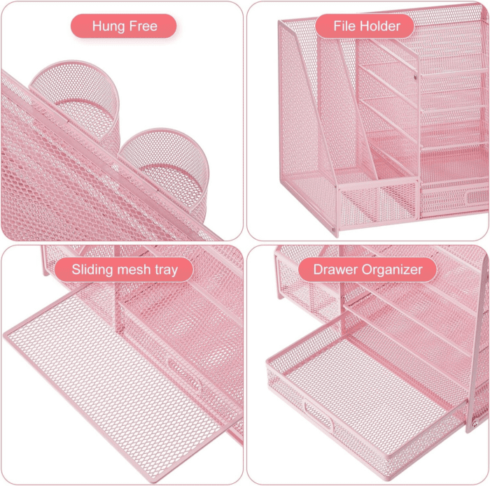 Desk Organizer with File Holder, 5-Tier Paper Letter Tray Organizer with Drawer and 2 Pen Holder, Mesh Desktop Organizer and Storage with Magazine Holder for Office Supplies(Pink) - Image 4