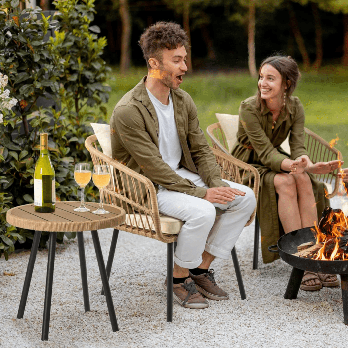 3 Pieces Outdoor Wicker Patio Conversation Bistro Set, All-Weather Rattan Patio Furniture Set with Table & Cushions, Outdoor Sectional Sofa for Patio, Balcony, Backyard, Deck - Image 6