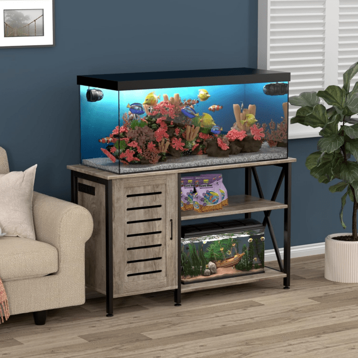 55-75 Gallon Fish Tank Stand, Aquarium Stand with Power Outlets and Cabinet for Fish Tank Accessories Storage, Heavy Duty Metal Frame, 52" L*19.68" W Tabletop, 1200LBS Capacity, Grey PG05YGZ - Image 2