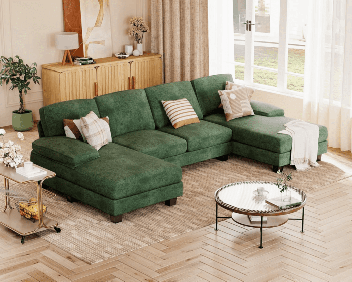 Sectional Couches for Living Room, U Shaped Couch with Chenille Fabric, 4 Seat Modern Sofa with Removable Pillows for Apartment and Small Space (Fabric, Green) - Image 6