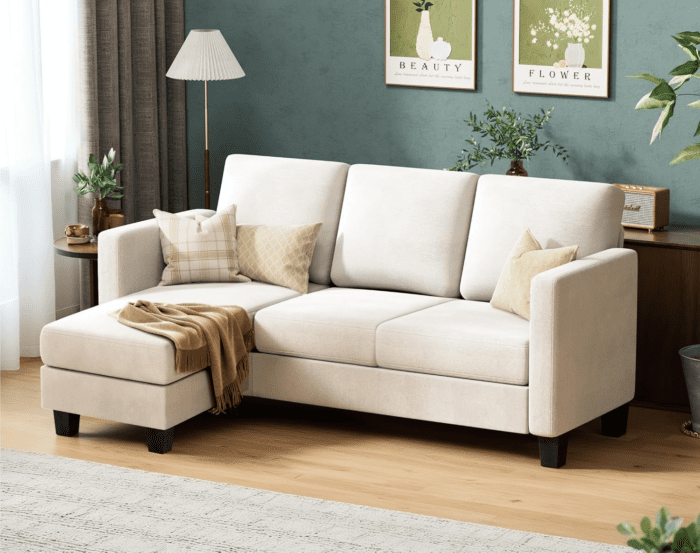 Convertible Sectional Sofa Couch, 3 Seat L-Shaped Sofa with Linen Fabric, Movable Ottoman Small Couch for Small Apartments, Living Room and Office (Whtie) - Image 4