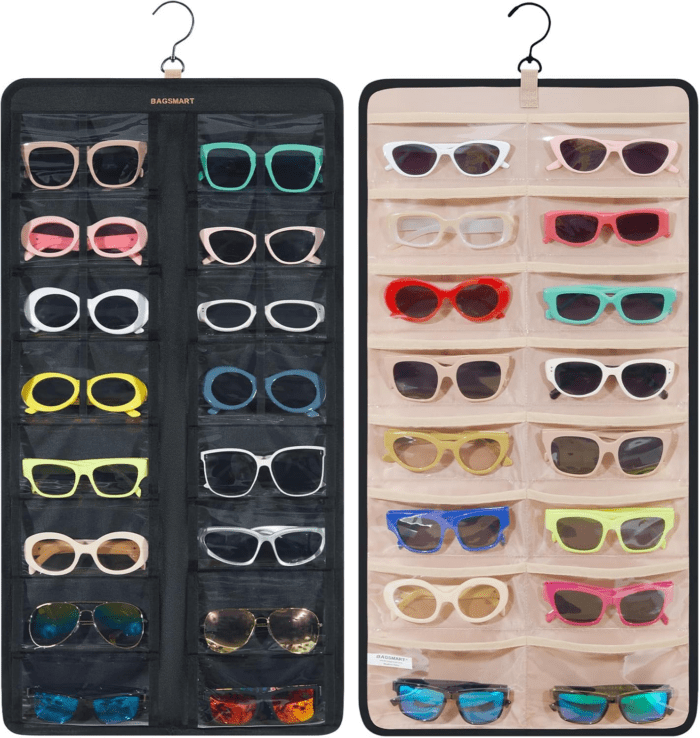 Hanging Jewelry Organizer, Dust Proof Sunglasses Storage Case Wall Mounted, Travel Dual Sided Glasses Case Multiple Pairs, Eyeglasses Holder with 32 Clear Slots & Metal Hook, Black