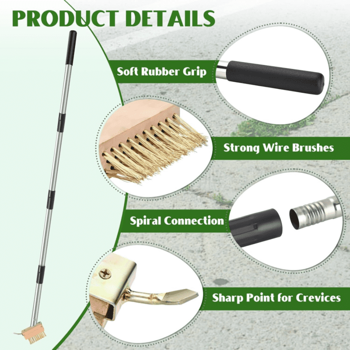 Crack Weeder, Manual Crevice Weeding Tool, Moss Weed Remover Puller Tool Grout Brush with Adjustable Stainless Steel Long Handle for Deck, Paver, Patio, Walkway, Driveway Crack - 2 Weed Brush Heads - Image 2