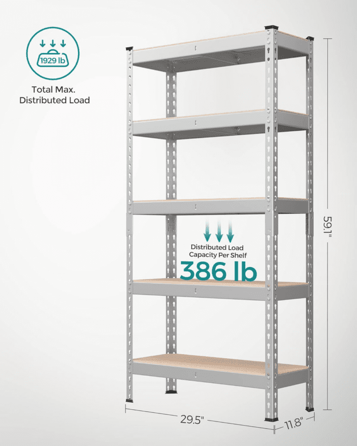 5-Tier Storage Shelves, Set of 2 Garage Storage, Boltless Assembly, Adjustable Shelving Units, 11.8 X 29.5 X 59.1 Inches, Load 1929 Lb Each, Shed Warehouse Basement, Silver UGLR300E02 - Image 3