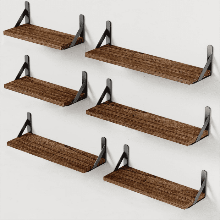 Wall Shelves Set of 6, Wood Floating Shelves for Wall Decor, Rustic Farmhouse Wall Shelves for Bedroom, Bathroom Shelves for Wall Storage, Book Shelves for Living Room, Brown