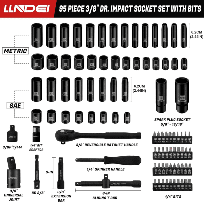 3/8”Drive Impact Socket Set,Standard SAE(5/16 to 3/4-Inch) Metric Size(8-22Mm), 95 Piece, CR-V Steel Deep&Shallow Kit, Adapters, Ratchet Handle, Screwdriver Bit Set, Spark Plug Socket, 6 Point - Image 2