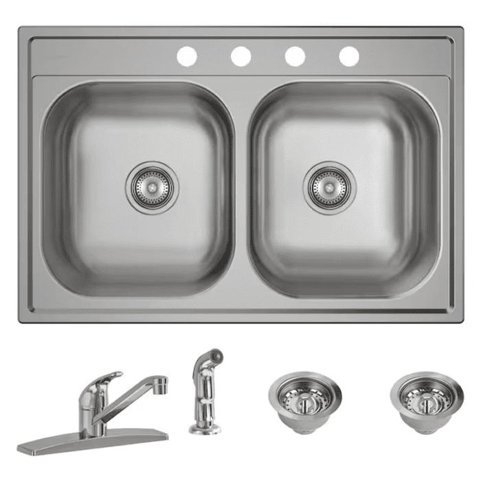 Drop-In 33-In X 22-In Satin Stainless Steel Double Equal Bowl 4-Hole Kitchen Sink All-In-One Kit - Image 3