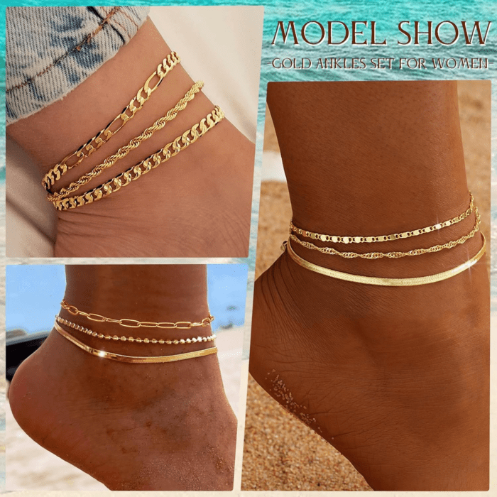 Gold Ankle Bracelets for Women, 14K Gold Plated Waterproof Cuban Link Chain Anklets Set, Layered Anklet Bracelets for Women Beach Gift Adjustable Size 5Pc - Image 2