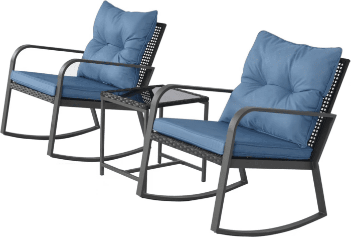 3 Pieces Patio Rocking Chairs Outdoor Bistro Set, Wicker Outdoor Rocker Chair of 2, Porch Sofa Seat Patio Furniture Conversation Sets with Tempered Glass Top Coffee Table & Cushions, Dark Blue