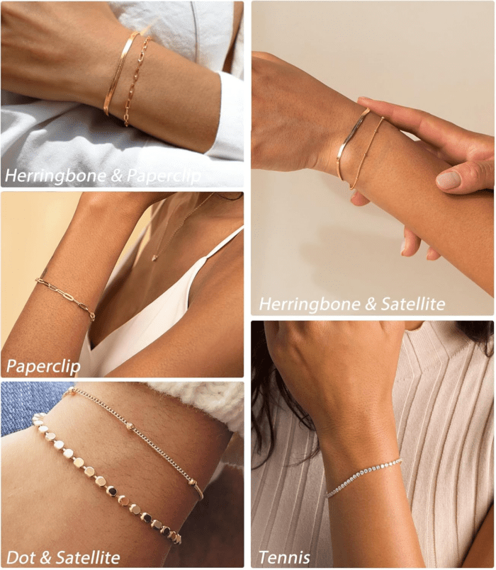 Waterproof Gold Bracelets Set for Women Trendy, Dainty 14K Real Gold Plated Jewelry Fashion Stackable Tennis Beaded Figaro Herringbone Paperclip Link Bracelet Pack Stack Gifts for Women - Image 4