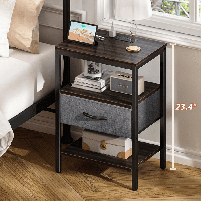 Nightstand with Charging Station, Bed Side Table with Adjustable Fabric Drawer, Night Stand for Bedroom, 3-Tier Storage End Table, for Living Room - Walnut - Image 2