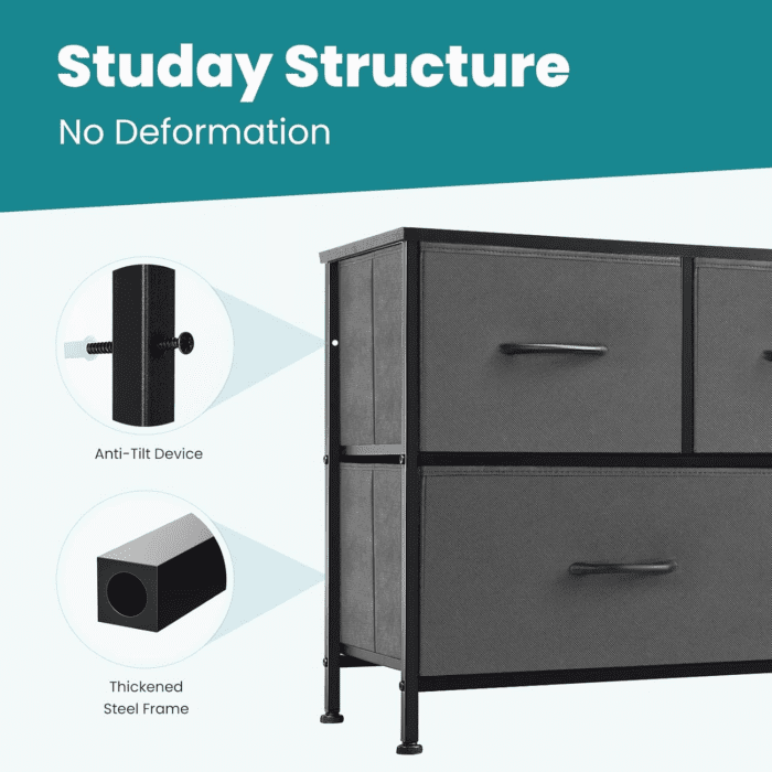 Dresser for Bedroom with 5 Drawers, Wide Chest of Drawers, Fabric Bedroom Dresser with Drawer Organizers, Storage Organizer Unit with Fabric Bins for Closet, Living Room, Hallway, Grey - Image 7