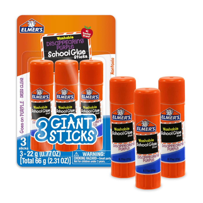 Disappearing Purple School Glue Sticks, Washable, 22 Grams, 3 Count