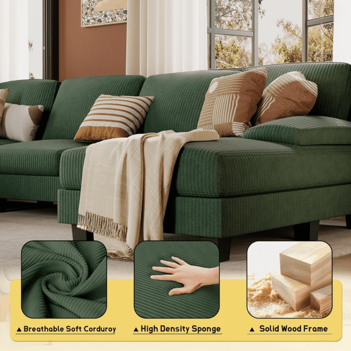 Sectional Couches for Living Room, U Shaped Couch with Chenille Fabric, 4 Seat Modern Sofa with Removable Pillows for Apartment and Small Space (Corduroy, Light Green) - Image 5