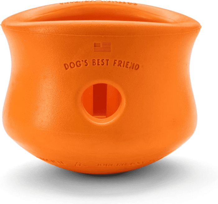 Zogoflex Toppl Treat Dispensing Dog Toy Puzzle – Interactive Chew Toys for Dogs – Dog Toy for Moderate Chewers, Fetch, Catch – Holds Kibble, Treats, Large 4", Tangerine - Image 2