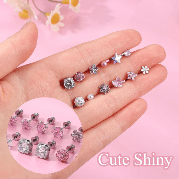 12 Pairs Hypoallergenic Screw Back Earrings for Women Girls Surgical Steel Cute Heart CZ Flower Pearl Ball Tiny Screwback Stud Earring - Image 5