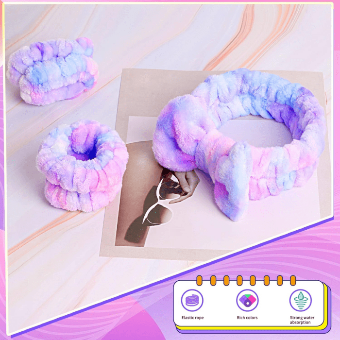 Spa Headband and Matching Wrist Bands for Washing Face, Fuzzy Skincare Bow Headbands, Soft Facial Makeup Head Bands, Shower Hair Sleepover Party Supplies - Image 5