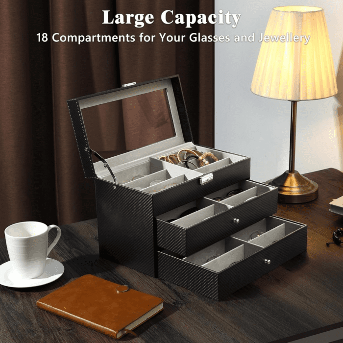 Sunglasses Organizer with 18 Slots, 3-Layer Leather Sunglass Display Collection Holder Case with Drawer Clear Glass Lid, Lockable Eyeglass Glass Jewelry Watch Storage Box for Women Men, Black - Image 2