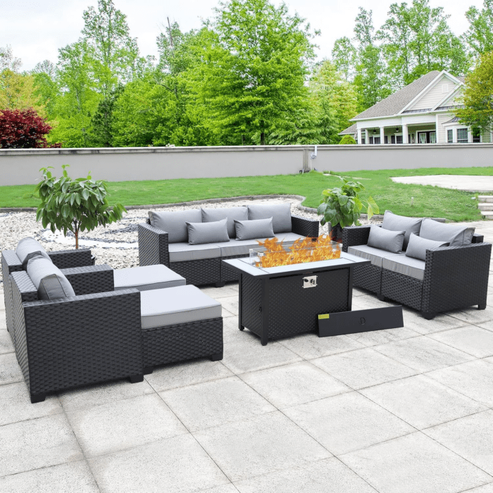 7 PCS Outdoor Furniture Sets 60000BTU 45-Inch Outdoor Propane Fire Pit Table Patio Furniture Set No-Slip Cushions and Waterproof Covers, Light Grey - Image 2