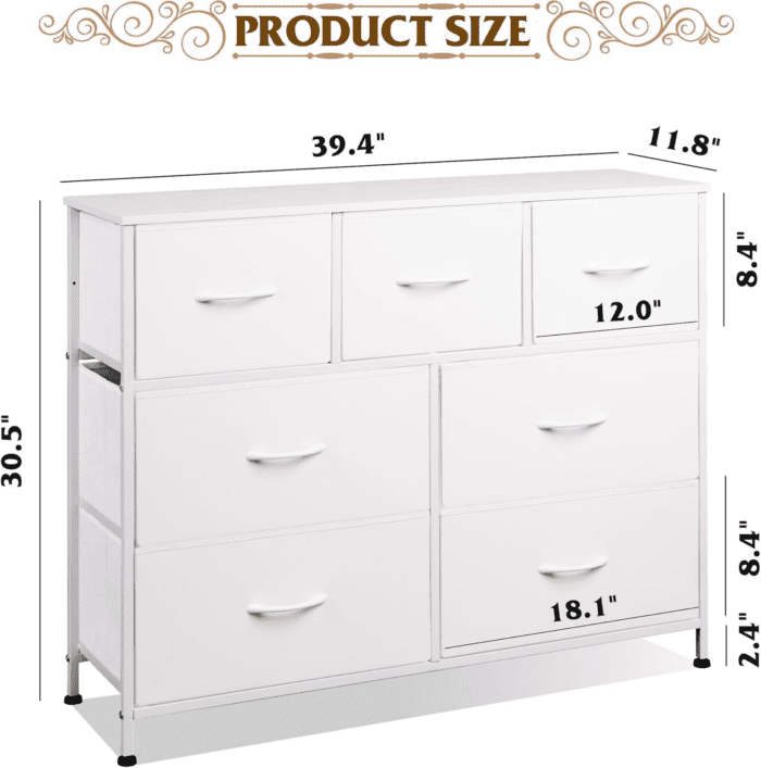 Dresser with 7 Drawers, Dressers for Bedroom, Fabric Storage Tower, Hallway, Entryway, Closets, Sturdy Steel Frame, Wood Top, Easy Pull Handle, White - Image 3