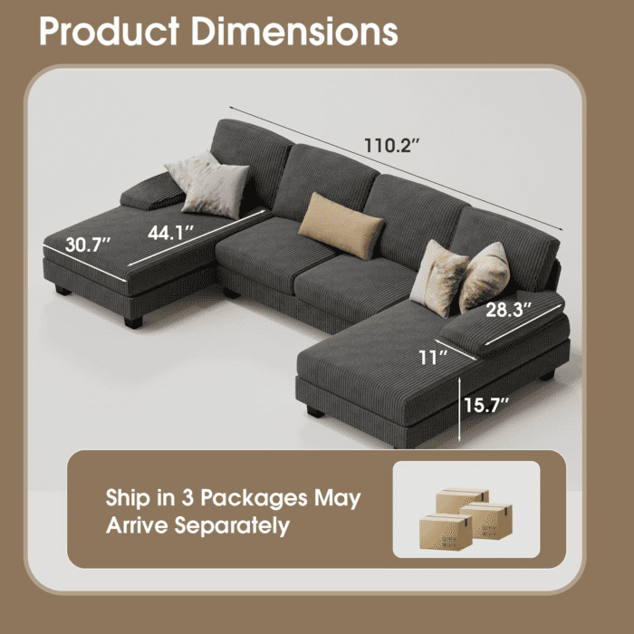 Sectional Couches for Living Room, U-Shaped Sofa Couch with Soft Corduroy, 4 Seat Sofa Set with Double Chaise for Apartment (Corduroy, Dark Grey) - Image 2