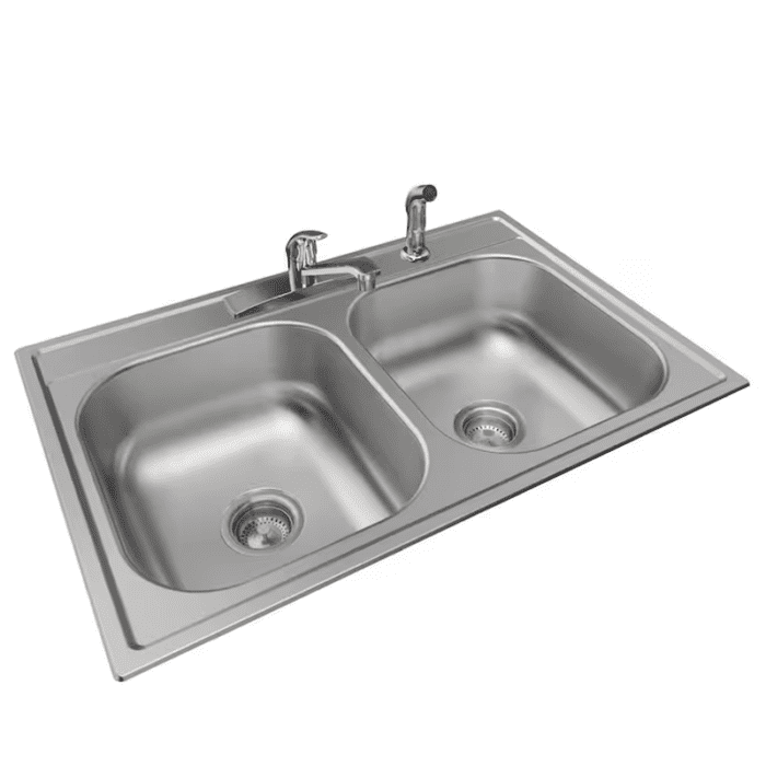 Drop-In 33-In X 22-In Satin Stainless Steel Double Equal Bowl 4-Hole Kitchen Sink All-In-One Kit