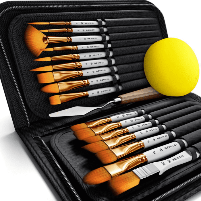 18 Pieces Premium Artist Paint Brush Set - Includes Palette Knife, Sponge, Organizing Case - 16 Painting Brushes for Kids, Adults & Professionals - Perfect for Watercolor, Oil, Acrylic Painting Art