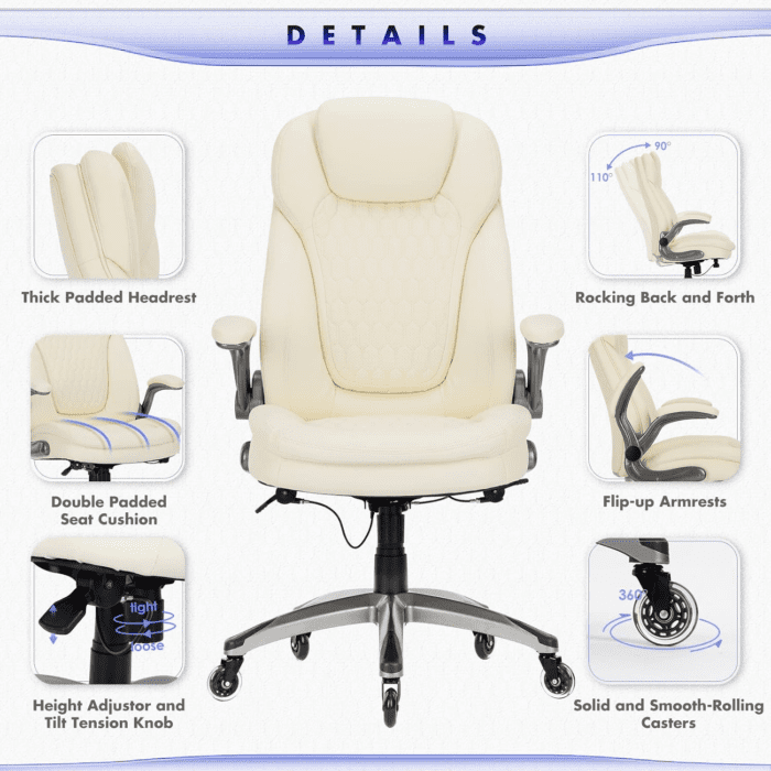 Executive Office Chair-Ergonomic Computer Desk Chair with Upgraded Caster for Swivel, High Back Office Chair with Padded Flip-Up Arms, Stylish Leather Chair Thicken Seat for Comfort (Ivory, 300Lbs) - Image 6