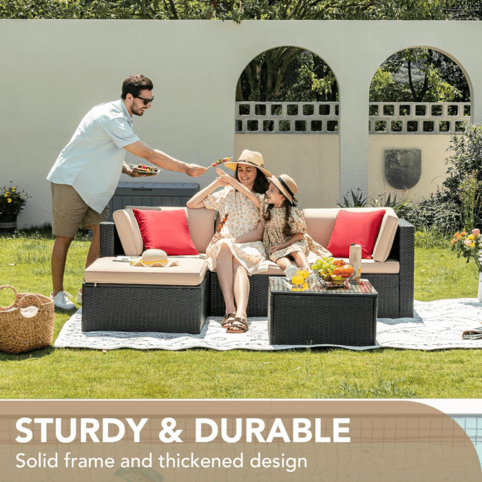 5 Pieces Patio Furniture Sets All Weather Outdoor Sectional Patio Sofa Manual Weaving Wicker Rattan Patio Seating Sofas with Cushion and Glass Table(Beige) - Image 6