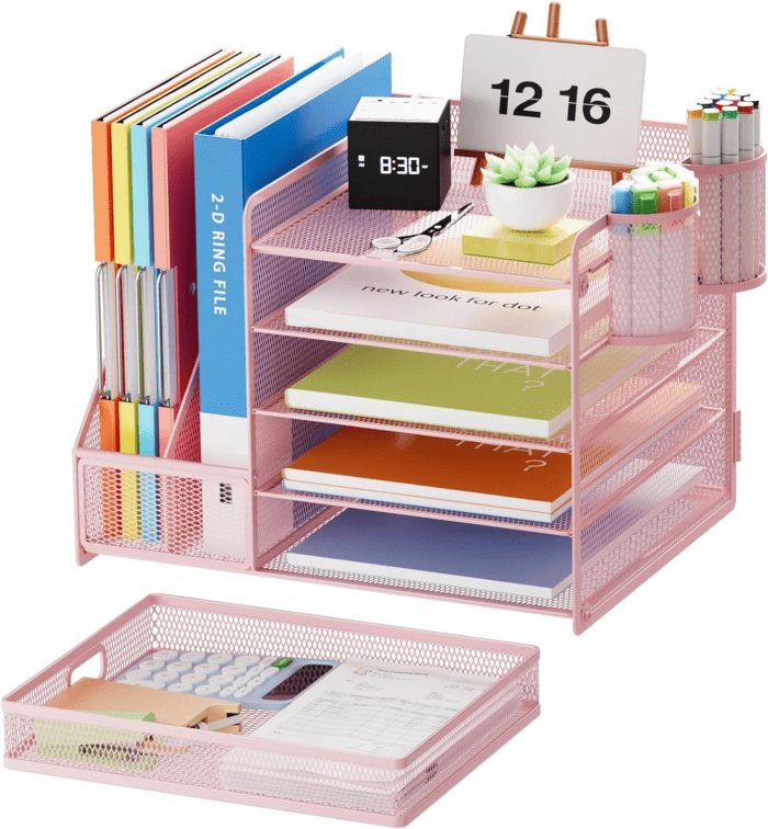 Desk Organizer with File Holder, 5-Tier Paper Letter Tray Organizer with Drawer and 2 Pen Holder, Mesh Desktop Organizer and Storage with Magazine Holder for Office Supplies(Pink) - Image 2