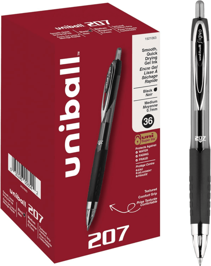 Black Retractable Gel Pens 36 Pack with Medium Points,  207 Signo Click Pens Are Fraud Proof and the Best Office Pens, Nursing Pens, Business Pens, School Pens, and Bible Pens