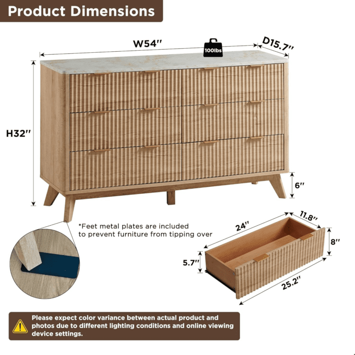 Fluted 6 Drawers Dresser, 54" Wide Modern Chest of Drawers with Faux Marble Top, Curved Profile Design, Dresser TV Stand, Wood Drawer Organizer for Bedroom, Living Room, Hallway, Natural Oak - Image 2